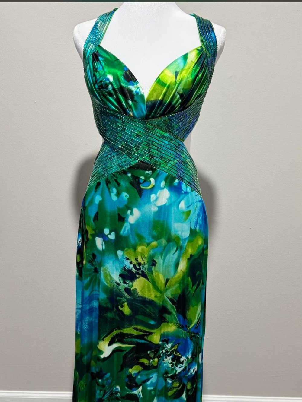 Masquerade Teal and Green Beaded Evening Gown